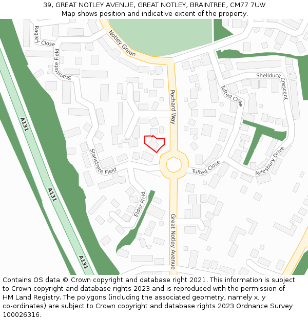 39, GREAT NOTLEY AVENUE, GREAT NOTLEY, BRAINTREE, CM77 7UW: Location map and indicative extent of plot