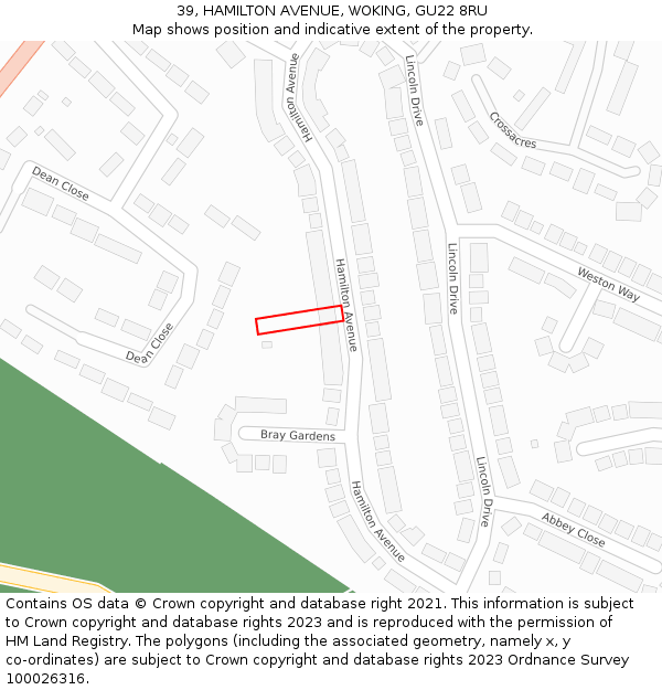 39, HAMILTON AVENUE, WOKING, GU22 8RU: Location map and indicative extent of plot
