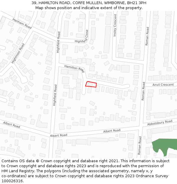 39, HAMILTON ROAD, CORFE MULLEN, WIMBORNE, BH21 3PH: Location map and indicative extent of plot