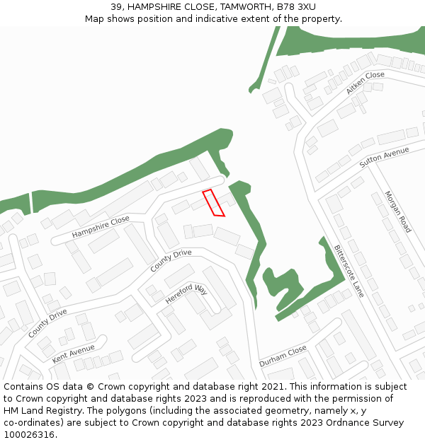 39, HAMPSHIRE CLOSE, TAMWORTH, B78 3XU: Location map and indicative extent of plot