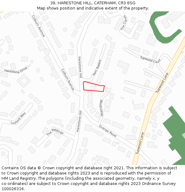 39, HARESTONE HILL, CATERHAM, CR3 6SG: Location map and indicative extent of plot