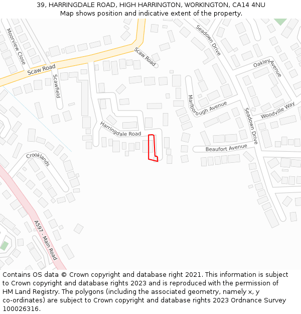 39, HARRINGDALE ROAD, HIGH HARRINGTON, WORKINGTON, CA14 4NU: Location map and indicative extent of plot