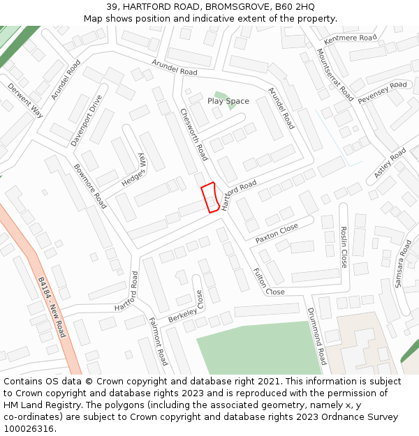 39, HARTFORD ROAD, BROMSGROVE, B60 2HQ: Location map and indicative extent of plot