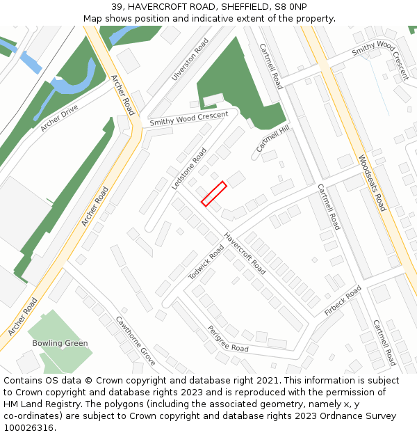 39, HAVERCROFT ROAD, SHEFFIELD, S8 0NP: Location map and indicative extent of plot