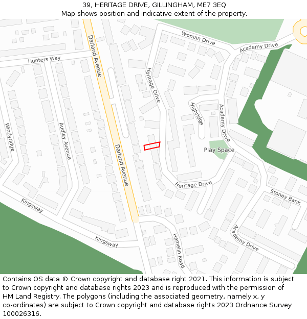 39, HERITAGE DRIVE, GILLINGHAM, ME7 3EQ: Location map and indicative extent of plot