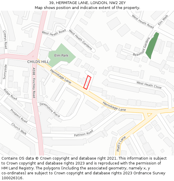 39, HERMITAGE LANE, LONDON, NW2 2EY: Location map and indicative extent of plot