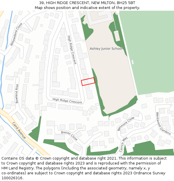 39, HIGH RIDGE CRESCENT, NEW MILTON, BH25 5BT: Location map and indicative extent of plot