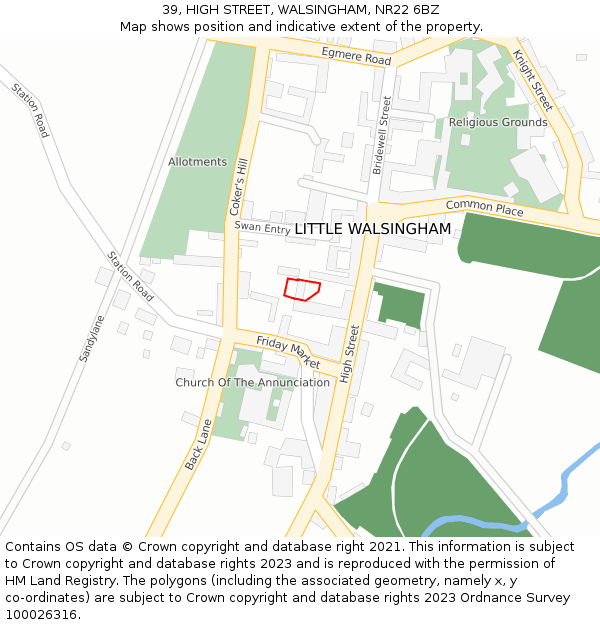 39, HIGH STREET, WALSINGHAM, NR22 6BZ: Location map and indicative extent of plot