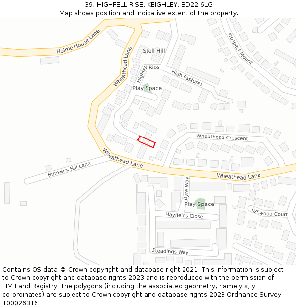 39, HIGHFELL RISE, KEIGHLEY, BD22 6LG: Location map and indicative extent of plot