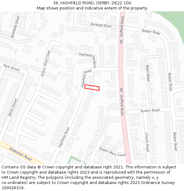 39, HIGHFIELD ROAD, DERBY, DE22 1GX: Location map and indicative extent of plot