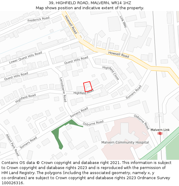 39, HIGHFIELD ROAD, MALVERN, WR14 1HZ: Location map and indicative extent of plot