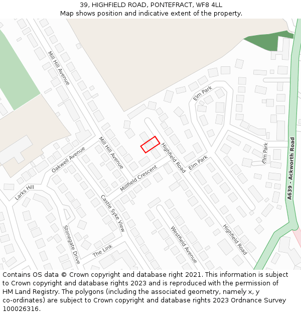 39, HIGHFIELD ROAD, PONTEFRACT, WF8 4LL: Location map and indicative extent of plot