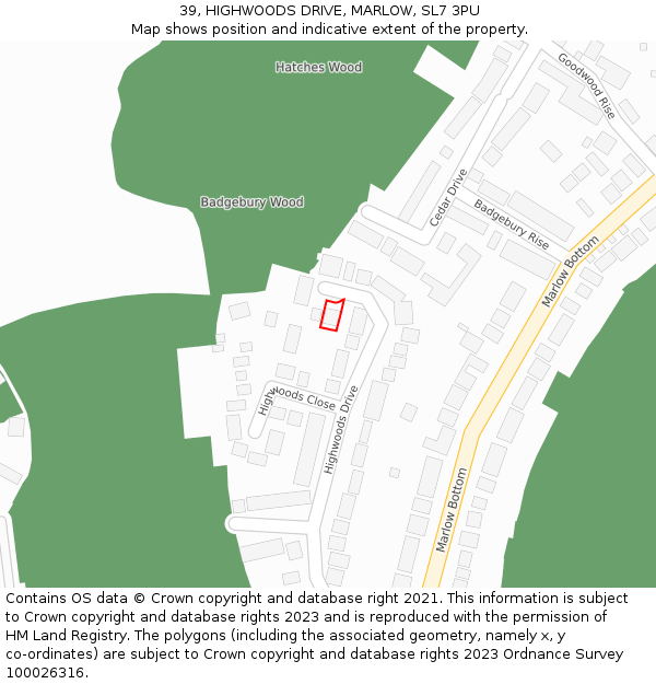 39, HIGHWOODS DRIVE, MARLOW, SL7 3PU: Location map and indicative extent of plot