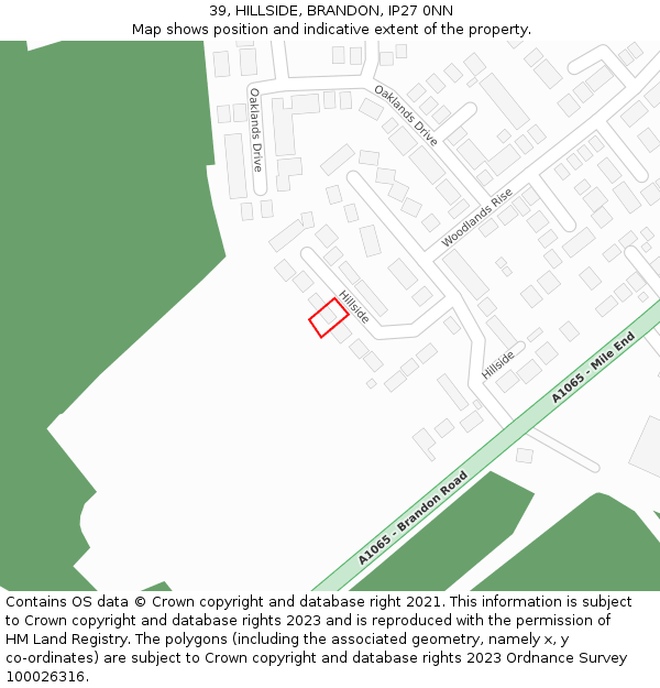39, HILLSIDE, BRANDON, IP27 0NN: Location map and indicative extent of plot