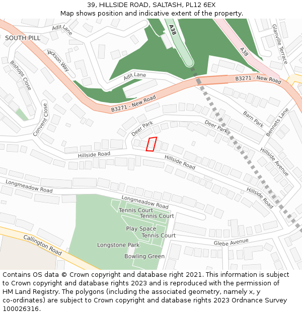 39, HILLSIDE ROAD, SALTASH, PL12 6EX: Location map and indicative extent of plot