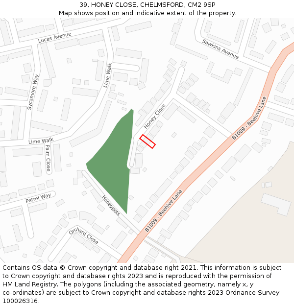 39, HONEY CLOSE, CHELMSFORD, CM2 9SP: Location map and indicative extent of plot