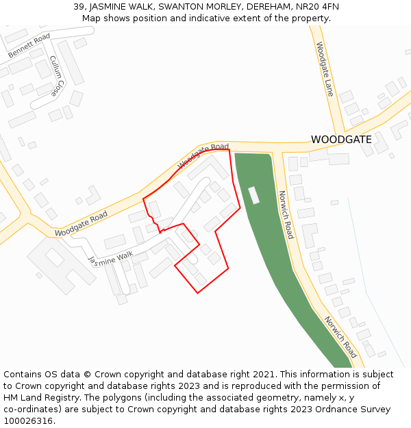 39, JASMINE WALK, SWANTON MORLEY, DEREHAM, NR20 4FN: Location map and indicative extent of plot