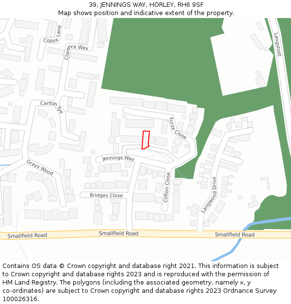 39, JENNINGS WAY, HORLEY, RH6 9SF: Location map and indicative extent of plot