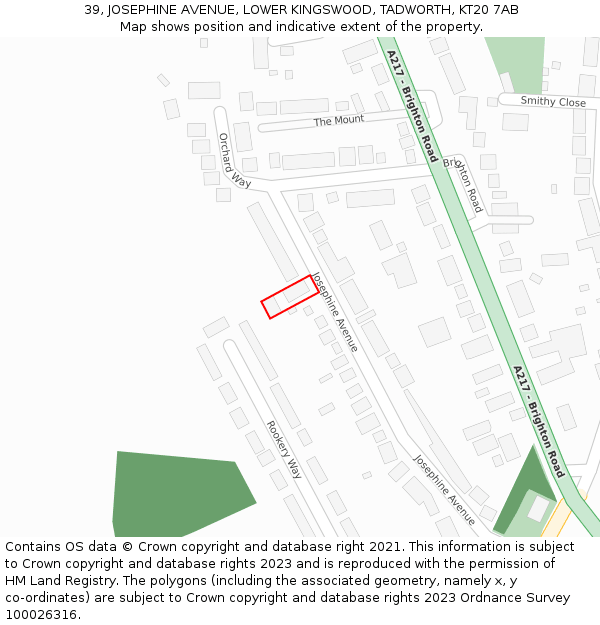 39, JOSEPHINE AVENUE, LOWER KINGSWOOD, TADWORTH, KT20 7AB: Location map and indicative extent of plot