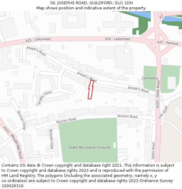 39, JOSEPHS ROAD, GUILDFORD, GU1 1DN: Location map and indicative extent of plot