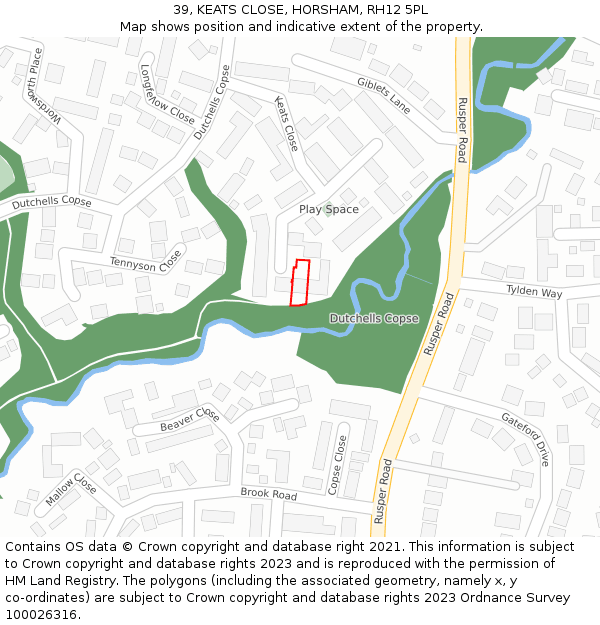 39, KEATS CLOSE, HORSHAM, RH12 5PL: Location map and indicative extent of plot