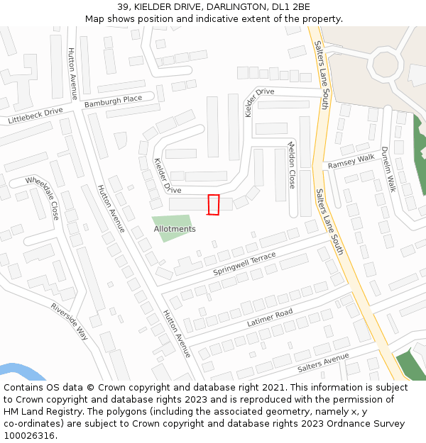 39, KIELDER DRIVE, DARLINGTON, DL1 2BE: Location map and indicative extent of plot