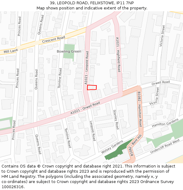 39, LEOPOLD ROAD, FELIXSTOWE, IP11 7NP: Location map and indicative extent of plot