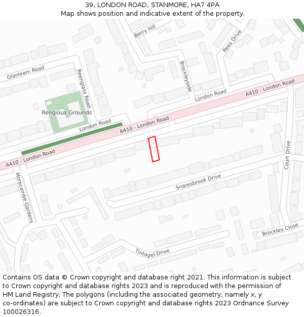 39, LONDON ROAD, STANMORE, HA7 4PA: Location map and indicative extent of plot