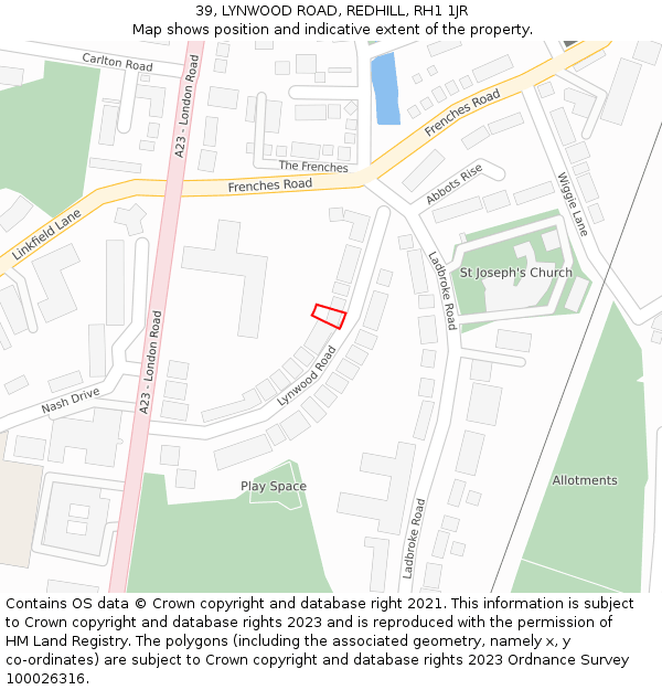 39, LYNWOOD ROAD, REDHILL, RH1 1JR: Location map and indicative extent of plot