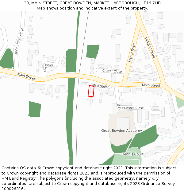 39, MAIN STREET, GREAT BOWDEN, MARKET HARBOROUGH, LE16 7HB: Location map and indicative extent of plot