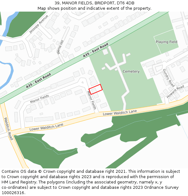 39, MANOR FIELDS, BRIDPORT, DT6 4DB: Location map and indicative extent of plot