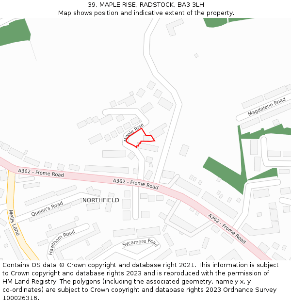 39, MAPLE RISE, RADSTOCK, BA3 3LH: Location map and indicative extent of plot