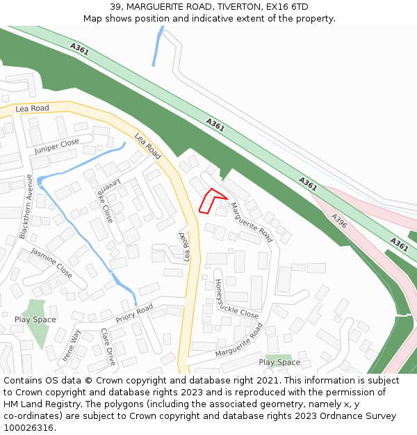 39, MARGUERITE ROAD, TIVERTON, EX16 6TD: Location map and indicative extent of plot