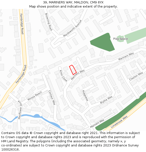 39, MARINERS WAY, MALDON, CM9 6YX: Location map and indicative extent of plot