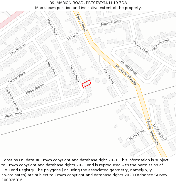 39, MARION ROAD, PRESTATYN, LL19 7DA: Location map and indicative extent of plot