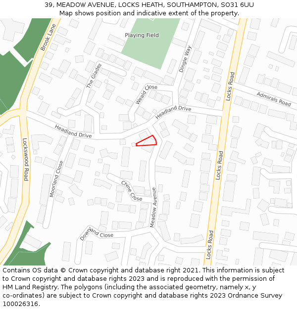 39, MEADOW AVENUE, LOCKS HEATH, SOUTHAMPTON, SO31 6UU: Location map and indicative extent of plot