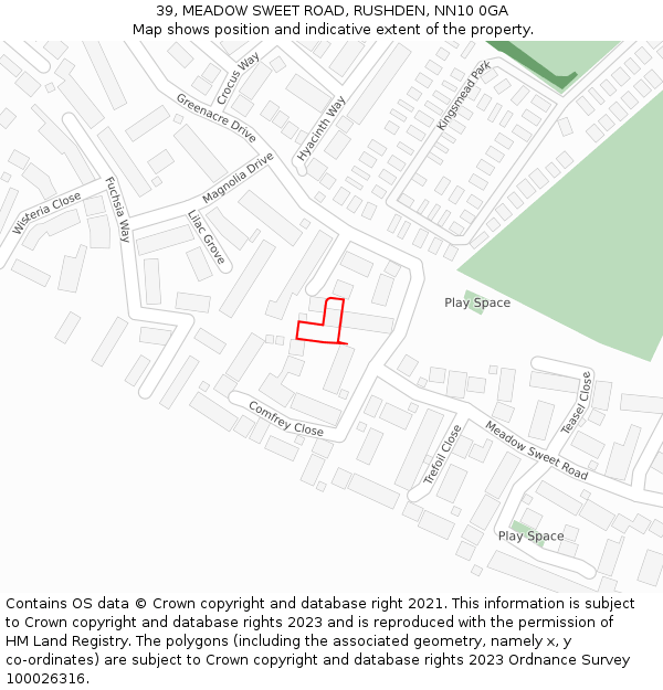 39, MEADOW SWEET ROAD, RUSHDEN, NN10 0GA: Location map and indicative extent of plot