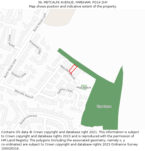 39, METCALFE AVENUE, FAREHAM, PO14 2HY: Location map and indicative extent of plot