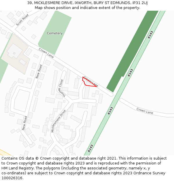 39, MICKLESMERE DRIVE, IXWORTH, BURY ST EDMUNDS, IP31 2UJ: Location map and indicative extent of plot