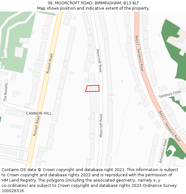 39, MOORCROFT ROAD, BIRMINGHAM, B13 8LT: Location map and indicative extent of plot