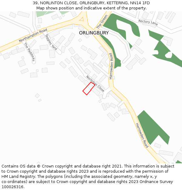 39, NORLINTON CLOSE, ORLINGBURY, KETTERING, NN14 1FD: Location map and indicative extent of plot