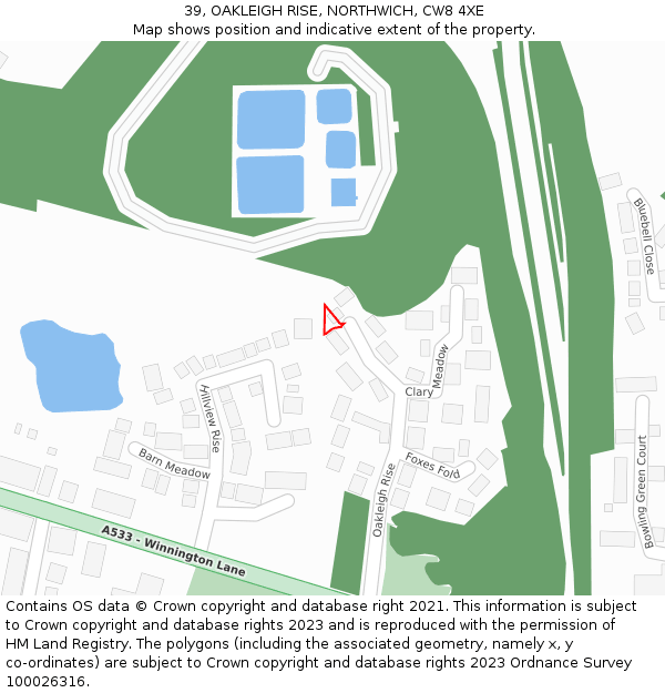 39, OAKLEIGH RISE, NORTHWICH, CW8 4XE: Location map and indicative extent of plot