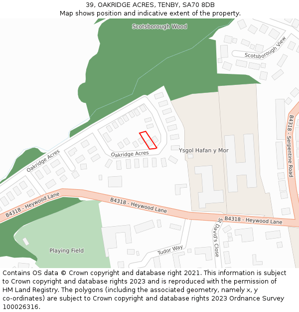 39, OAKRIDGE ACRES, TENBY, SA70 8DB: Location map and indicative extent of plot