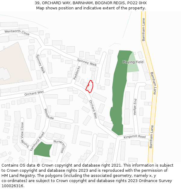 39, ORCHARD WAY, BARNHAM, BOGNOR REGIS, PO22 0HX: Location map and indicative extent of plot