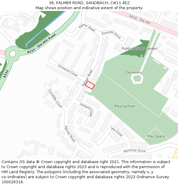 39, PALMER ROAD, SANDBACH, CW11 4EZ: Location map and indicative extent of plot