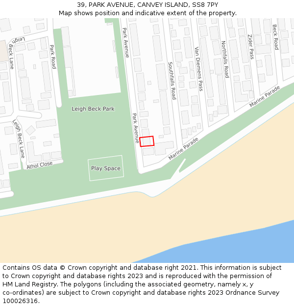 39, PARK AVENUE, CANVEY ISLAND, SS8 7PY: Location map and indicative extent of plot