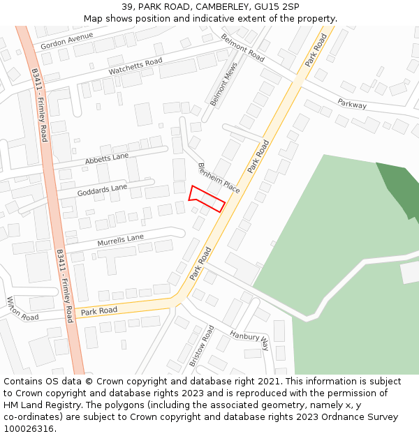 39, PARK ROAD, CAMBERLEY, GU15 2SP: Location map and indicative extent of plot