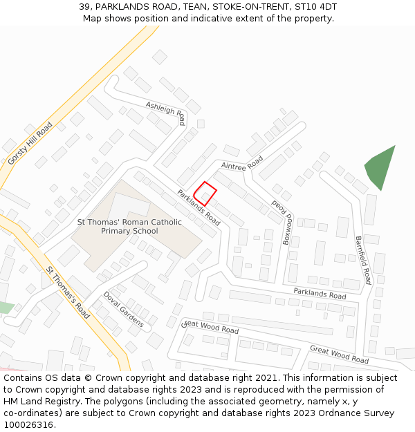 39, PARKLANDS ROAD, TEAN, STOKE-ON-TRENT, ST10 4DT: Location map and indicative extent of plot
