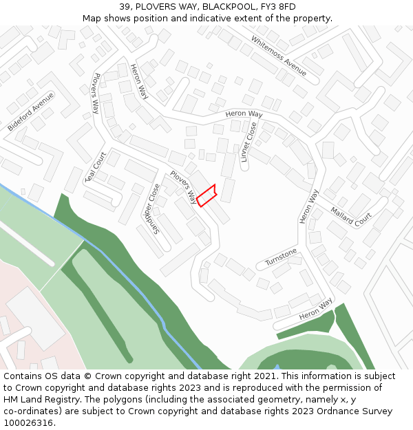 39, PLOVERS WAY, BLACKPOOL, FY3 8FD: Location map and indicative extent of plot