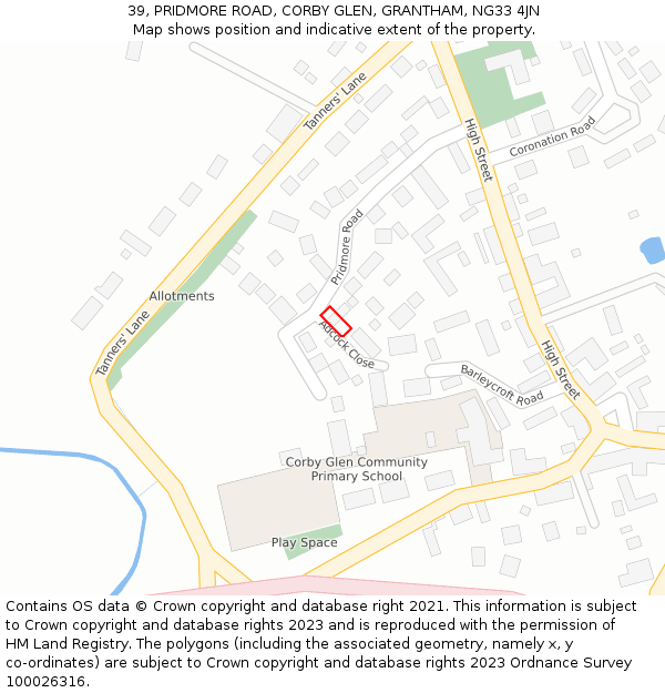 39, PRIDMORE ROAD, CORBY GLEN, GRANTHAM, NG33 4JN: Location map and indicative extent of plot